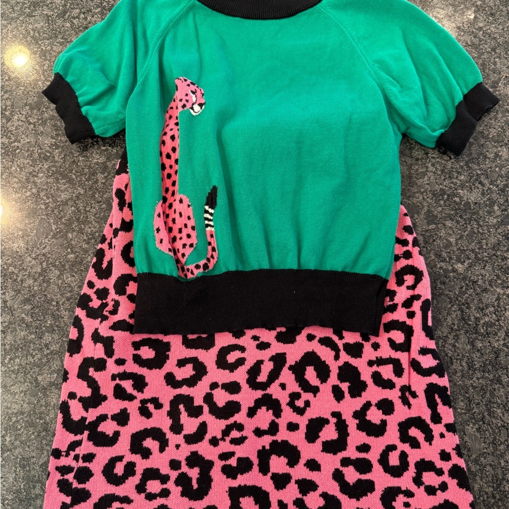 Vibrant Green and Pink Leopard Sweater and sweater skirt - Picture 6 of 6